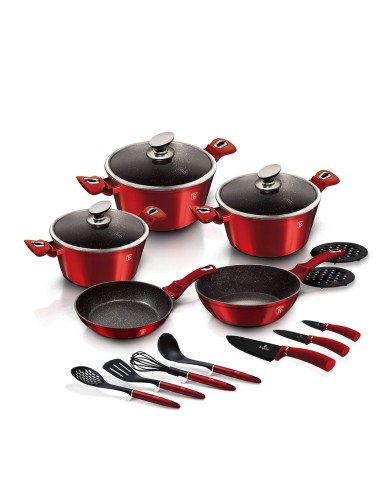 Set oale, cratite si tigai marmorate, 17 piese, din aluminiu forjat, METALLIC LINE Burgundy Edition, Berlinger Haus, BH 6162