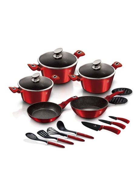 Set oale, cratite si tigai marmorate, 17 piese, din aluminiu forjat, METALLIC LINE Burgundy Edition, Berlinger Haus, BH 6162