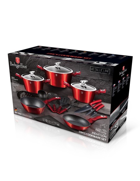 Set oale, cratite si tigai marmorate, 17 piese, din aluminiu forjat, METALLIC LINE Burgundy Edition, Berlinger Haus, BH 6162
