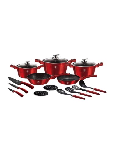 Set oale, cratite si tigai marmorate, 17 piese, din aluminiu forjat, METALLIC LINE Burgundy Edition, Berlinger Haus, BH 6162