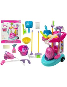 Set carucior de curatenie cu aspirator pentru copii, Cleaning Trolley, cu Accesorii de jucarie, Multicolor, LeanToys, 4827