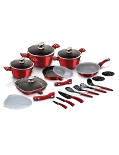 Set oale, cratite, tigai marmorate si ustensile bucatarie, 24 piese, METALLIC LINE Burgundy Edition, Berlinger Haus, BH 7184
