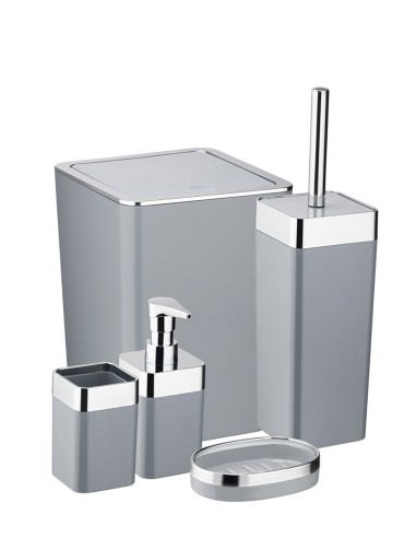 Set accesorii baie, 5 piese, dozator sapun, suport sapun si periuta dinti, perie WC, gri