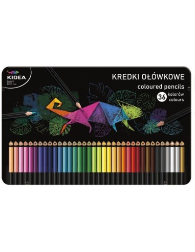 Set 36 creioane triunghiulare frumoase pentru copii, cutie metal, Kidea, multicolore