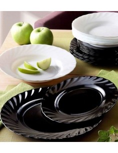 Set serviciu de masa negru-alb, pentru 6 persoane, Luminarc Trianon, 19 piese, 18 farfurii si bol salata