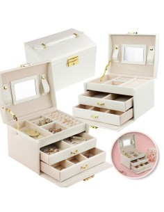 Cutie de bijuterii, caseta organizator tip valiza crem, multiple compartimente, Jollymag, PD49K