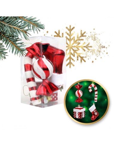 Set 4 globuri de Craciun, bomboane si cadouri ornamentale rosii pentru brad, JollyMag, BSN51, 15x7,5 cm