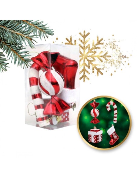Set 4 globuri de Craciun, bomboane si cadouri ornamentale rosii pentru brad, JollyMag, BSN51, 15x7,5 cm