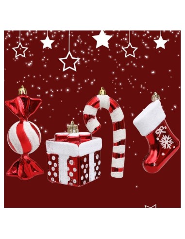 Set 4 globuri de Craciun, bomboane si cadouri ornamentale rosii pentru brad, JollyMag, BSN51, 15x7,5 cm