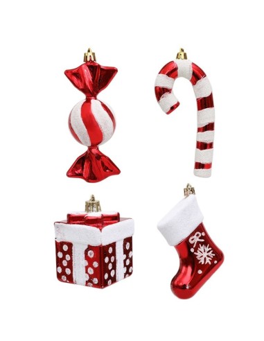 Set 4 globuri de Craciun, bomboane si cadouri ornamentale rosii pentru brad, JollyMag, BSN51, 15x7,5 cm