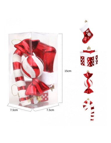 Set 4 globuri de Craciun, bomboane si cadouri ornamentale rosii pentru brad, JollyMag, BSN51, 15x7,5 cm