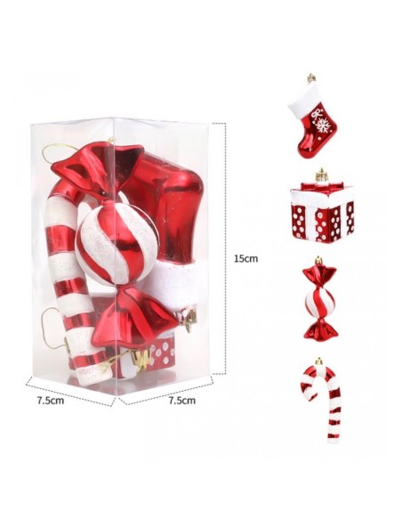 Set 4 globuri de Craciun, bomboane si cadouri ornamentale rosii pentru brad, JollyMag, BSN51, 15x7,5 cm