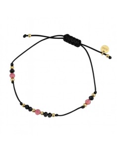 Bratara reglabila cu snur negru, bilute din otel inoxidabil suflate cu aur de 14K, model modern auriu-roz, JollyMag, BST1573