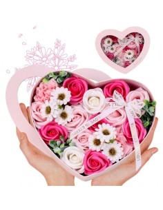 Buchet flori de sapun roz, parfumate, cutie decorativa inimioara, idee de cadou ideala, JollyMag, BUK01R