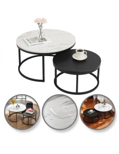 Set 2 masute de cafea, aspect marmura, 2 in 1, alb si negru, diametru 60 si 80 cm, JollyMag, STL14BCZ