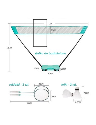 Set de badminton intr-o cutie de transport turcoaz, cu 2 rachete, 2 fluturasi si fileu, JollyMag, AR01