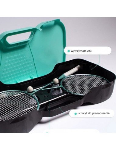Set de badminton intr-o cutie de transport turcoaz, cu 2 rachete, 2 fluturasi si fileu, JollyMag, AR01