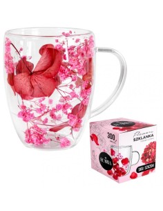Cana 300 ml din sticla borosilicata, pereti dubli, model flori gypsophila roz si rosu, in cutie cadou, JollyMag, SZK204