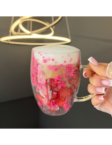 Cana 300 ml din sticla borosilicata, pereti dubli, model flori gypsophila roz si rosu, in cutie cadou, JollyMag, SZK204