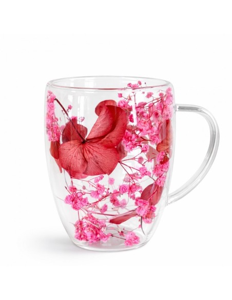 Cana 300 ml din sticla borosilicata, pereti dubli, model flori gypsophila roz si rosu, in cutie cadou, JollyMag, SZK204