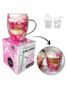 Cana 300 ml din sticla borosilicata, pereti dubli, model flori gypsophila roz, in cutie cadou, JollyMag, SZK149