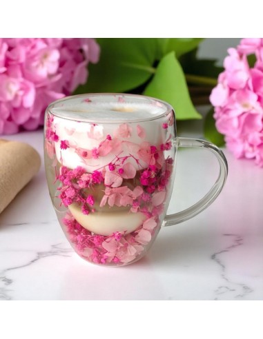 Cana 300 ml din sticla borosilicata, pereti dubli, model flori gypsophila roz, in cutie cadou, JollyMag, SZK149