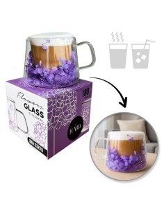 Cana 180 ml din sticla borosilicata, pereti dubli, model flori hortensie mov, in cutie cadou, JollyMag, SZK76