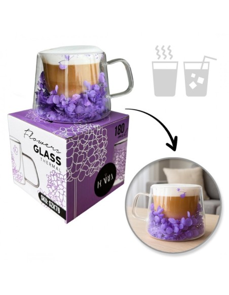 Cana 180 ml din sticla borosilicata, pereti dubli, model flori hortensie mov, in cutie cadou, JollyMag, SZK76