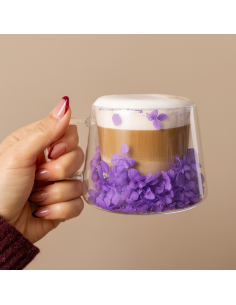 Cana 180 ml din sticla borosilicata, pereti dubli, model flori hortensie mov, in cutie cadou, JollyMag, SZK76 2
