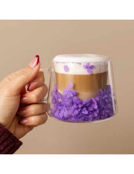 Cana 180 ml din sticla borosilicata, pereti dubli, model flori hortensie mov, in cutie cadou, JollyMag, SZK76