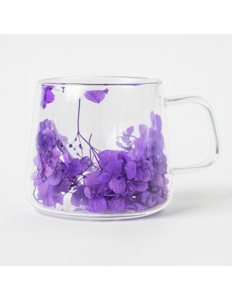 Cana 180 ml din sticla borosilicata, pereti dubli, model flori hortensie mov, in cutie cadou, JollyMag, SZK76