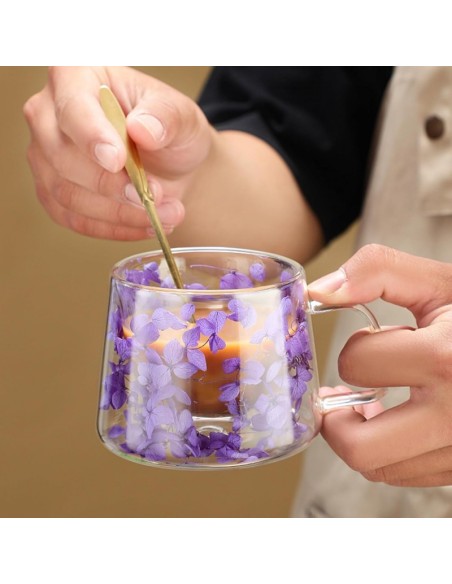 Cana 180 ml din sticla borosilicata, pereti dubli, model flori hortensie mov, in cutie cadou, JollyMag, SZK76