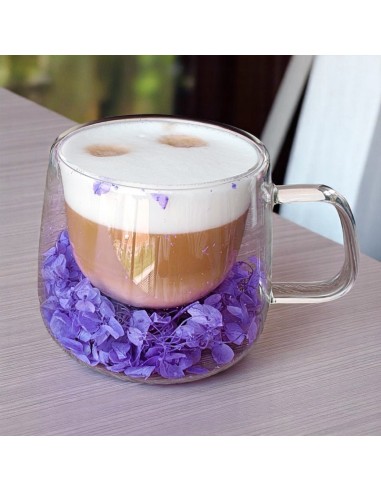 Cana 180 ml din sticla borosilicata, pereti dubli, model flori hortensie mov, in cutie cadou, JollyMag, SZK76