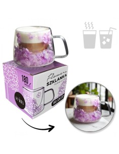 Cana 180 ml din sticla borosilicata, pereti dubli, model flori hortensie roz, in cutie cadou, JollyMag, SZK172