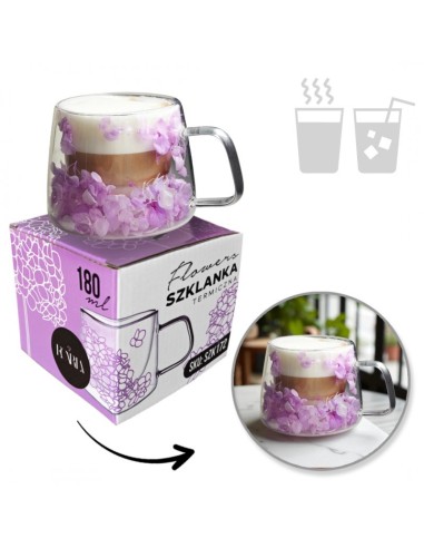 Cana 180 ml din sticla borosilicata, pereti dubli, model flori hortensie roz, in cutie cadou, JollyMag, SZK172