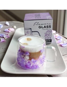 Cana 180 ml din sticla borosilicata, pereti dubli, model flori hortensie roz, in cutie cadou, JollyMag, SZK172 2