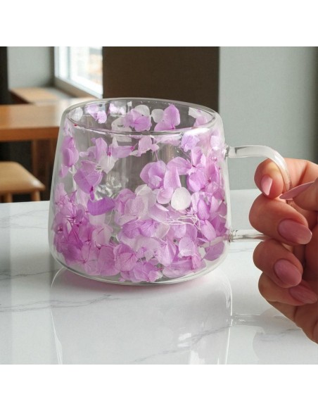 Cana 180 ml din sticla borosilicata, pereti dubli, model flori hortensie roz, in cutie cadou, JollyMag, SZK172