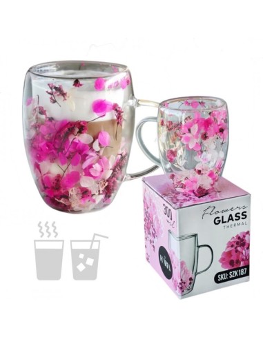 Cana 300 ml din sticla borosilicata, pereti dubli, model flori roz, in cutie cadou, JollyMag, SZK187