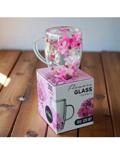 Cana 300 ml din sticla borosilicata, pereti dubli, model flori roz, in cutie cadou, JollyMag, SZK187 2