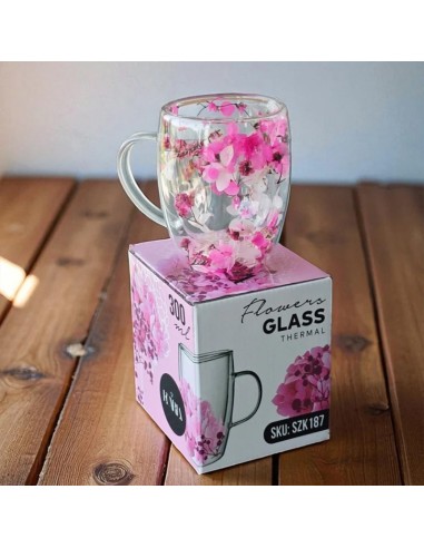 Cana 300 ml din sticla borosilicata, pereti dubli, model flori roz, in cutie cadou, JollyMag, SZK187