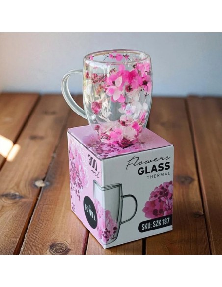 Cana 300 ml din sticla borosilicata, pereti dubli, model flori roz, in cutie cadou, JollyMag, SZK187