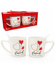 Set 2 cani 300 ml in cutie cadou, forma inimioara, mesaj LOVE, cu lingurite incluse, JollyMag, KB24