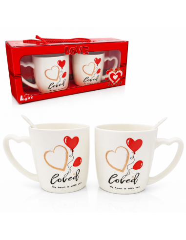 Set 2 cani 300 ml in cutie cadou, forma inimioara, mesaj LOVE, cu lingurite incluse, JollyMag, KB24