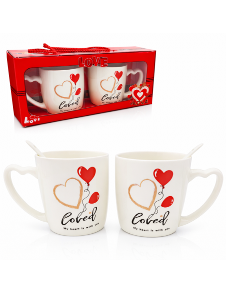 Set 2 cani 300 ml in cutie cadou, forma inimioara, mesaj LOVE, cu lingurite incluse, JollyMag, KB24