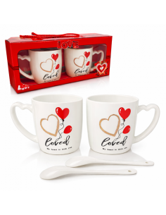 Set 2 cani 300 ml in cutie cadou, forma inimioara, mesaj LOVE, cu lingurite incluse, JollyMag, KB24 2