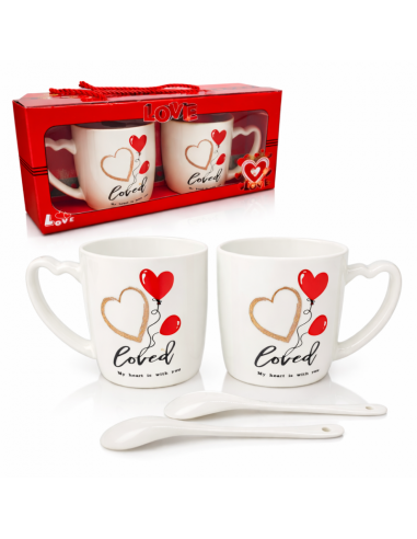Set 2 cani 300 ml in cutie cadou, forma inimioara, mesaj LOVE, cu lingurite incluse, JollyMag, KB24