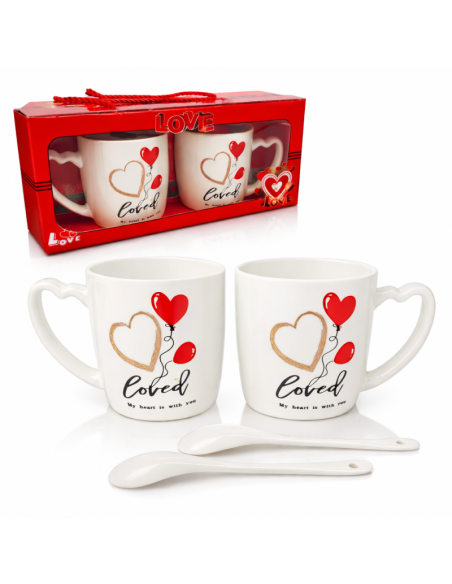 Set 2 cani 300 ml in cutie cadou, forma inimioara, mesaj LOVE, cu lingurite incluse, JollyMag, KB24