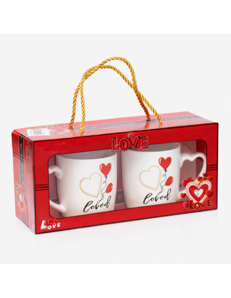 Set 2 cani 300 ml in cutie cadou, forma inimioara, mesaj LOVE, cu lingurite incluse, JollyMag, KB24