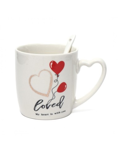 Set 2 cani 300 ml in cutie cadou, forma inimioara, mesaj LOVE, cu lingurite incluse, JollyMag, KB24