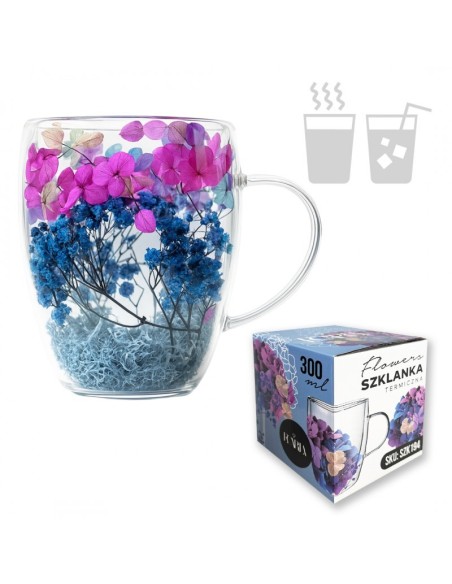 Cana 300 ml din sticla borosilicata, pereti dubli, model flori albastru-roz, in cutie cadou, JollyMag, SZK194